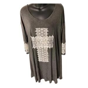 Women’s Grey Tunic Dress Size M – Crochet Lace Cross Front & Sleeves, 3/4 Sleeve